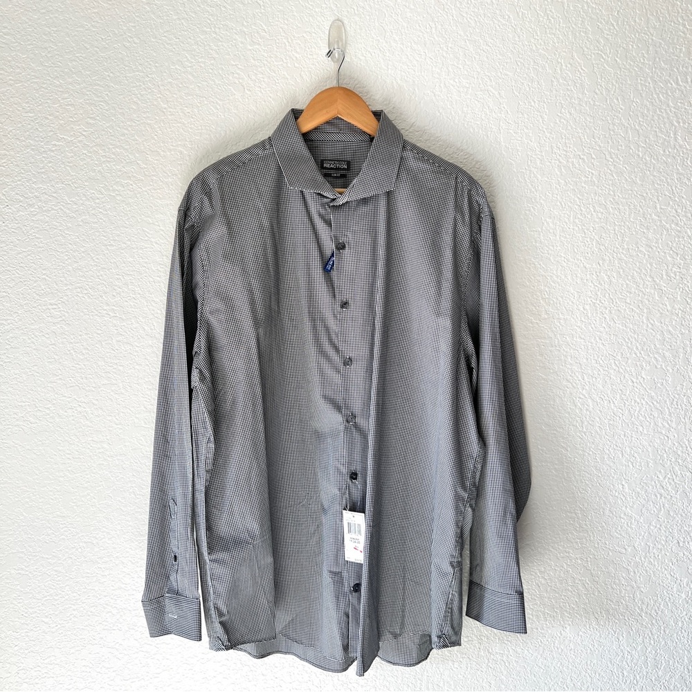 NWT Kenneth Cole Reaction Slim Fit Black & White Gingham Dress Shirt Siz…